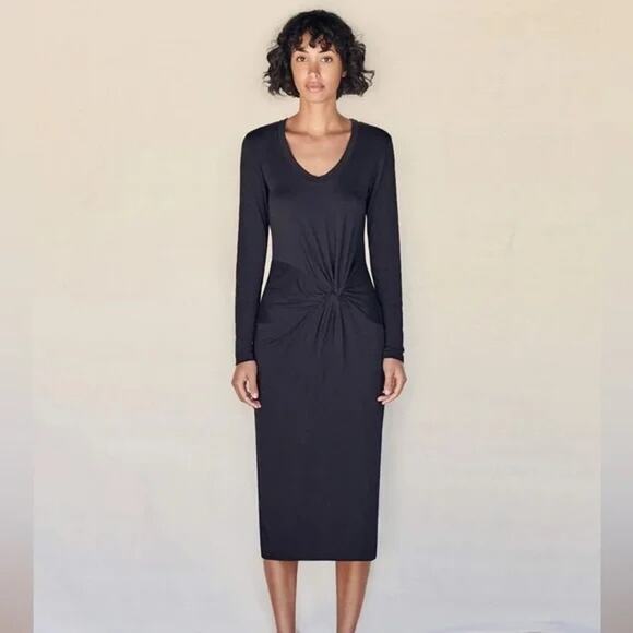 Sundry Black Knotted Waist Slit Long Sleeve Scoop Neck Tencel Midi Dress Small - Picture 1 of 11